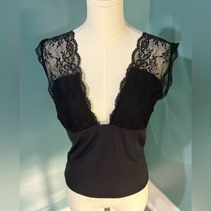 Free People Intimately Black Lace Deep V Tank Top Size L NWT